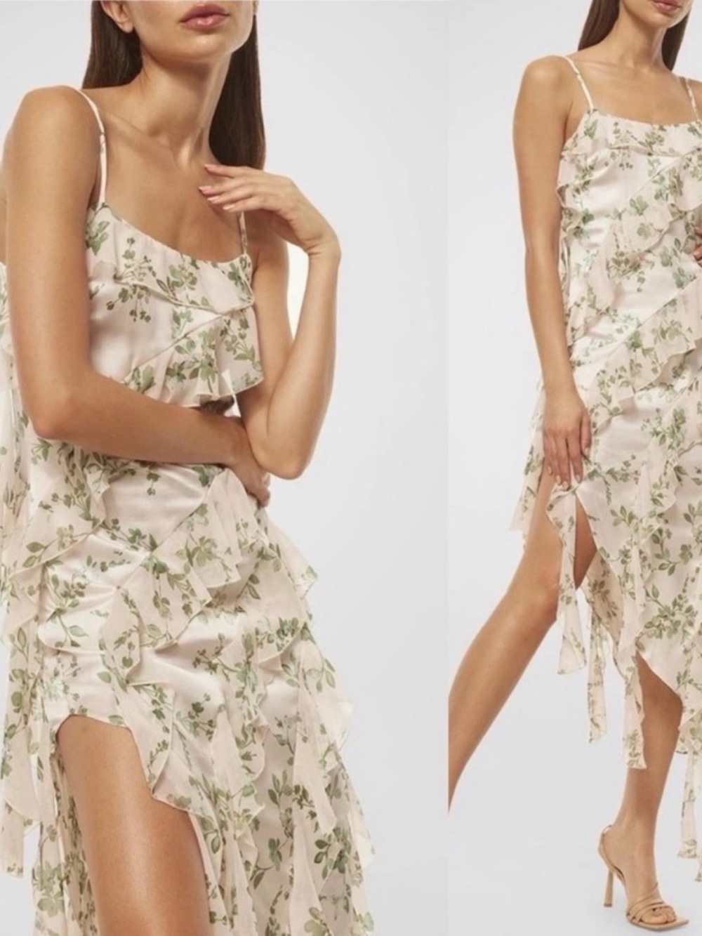 Misa Los Angeles Cream Maxi Dress with Green Floral Ruffle Layers